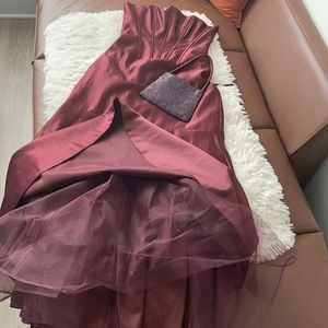 Merlot colored elegant formal gown with corset bodice and matching purse